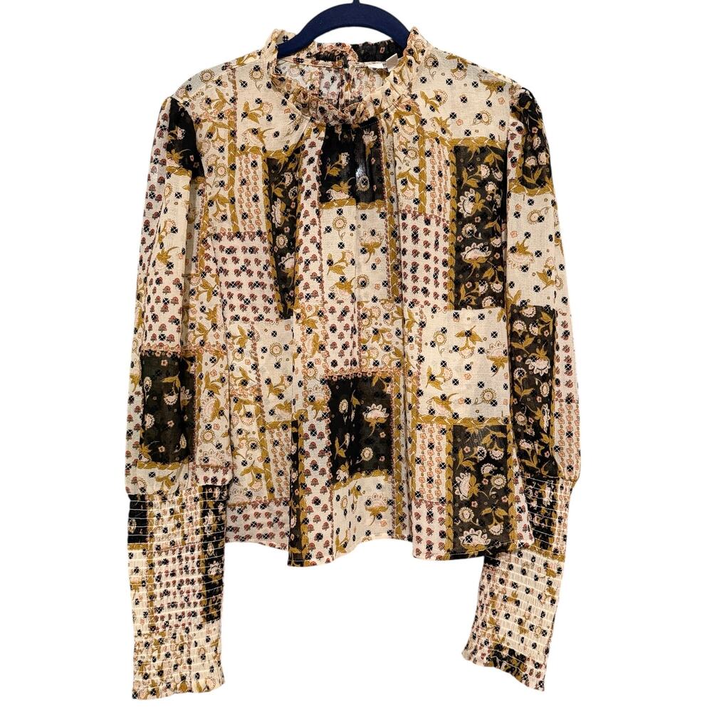 BB Dakota Patchwork Floral Boho Blouse Long Sleeve Smocked Cuffs Size L